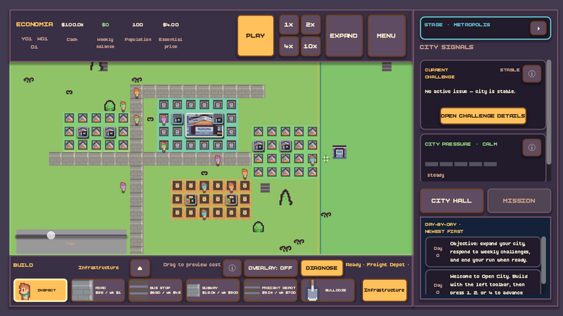 Economia gameplay showing a city map and its economic controls